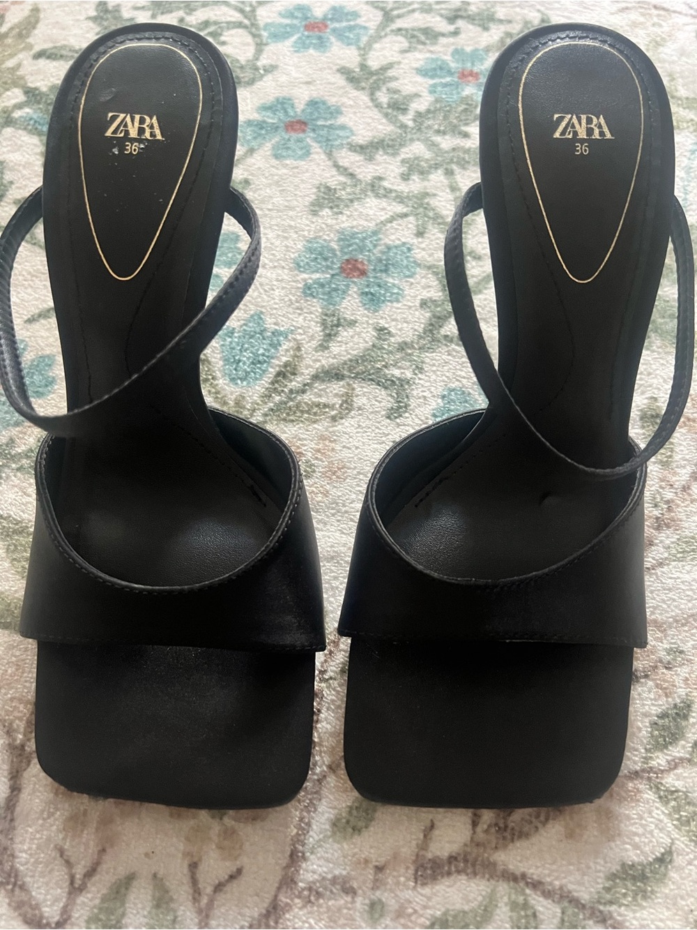 Zara Square Toe Heeled Sandal Satin Black size 36 US 6